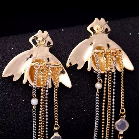 Enamel Bee Crystal & Rhinestone Gold Drop Earrings - Picture 7 of 8
